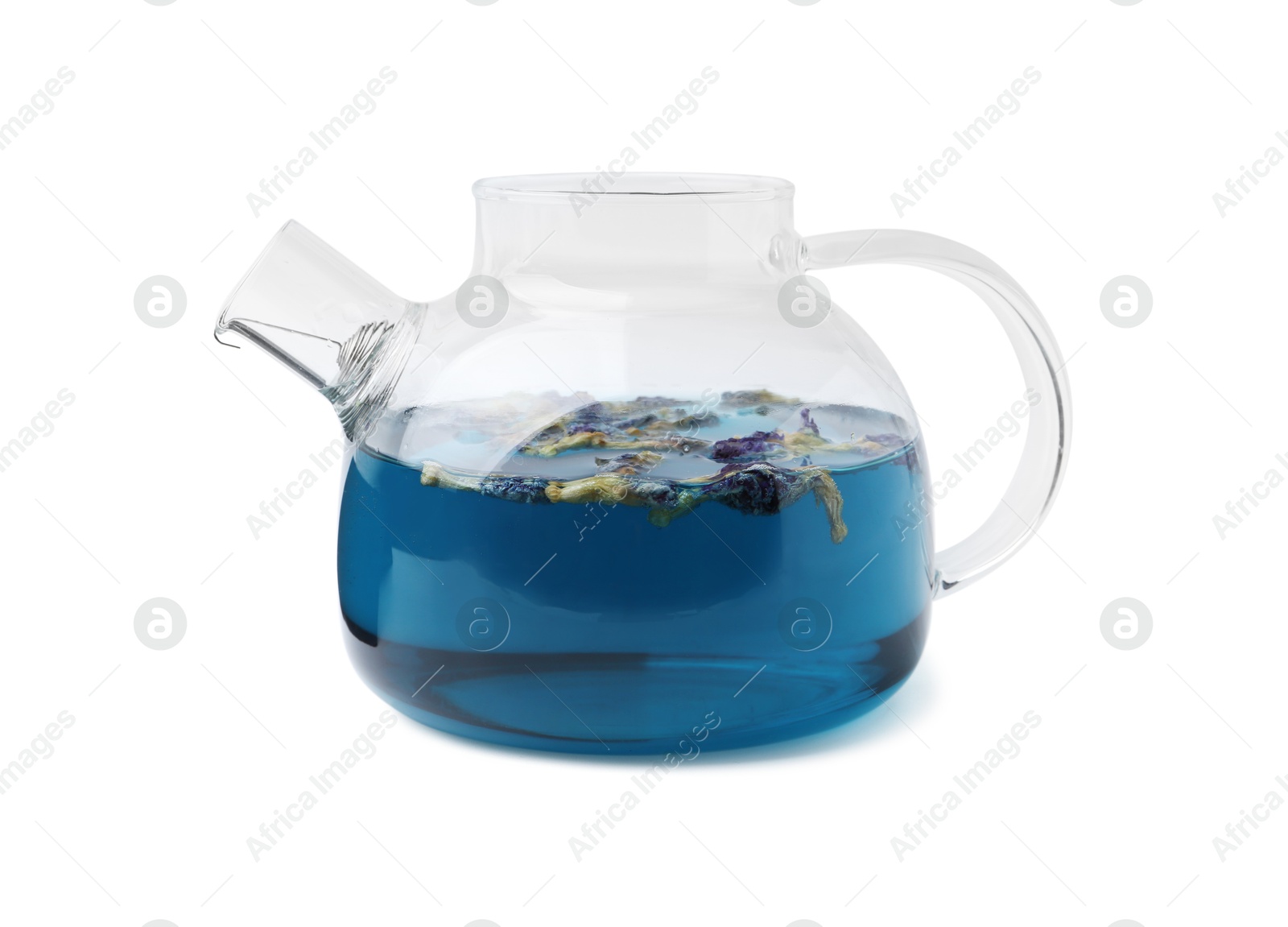 Delicious butterfly pea flower tea isolated on white Photo of Delicious butterfly pea flower tea isolated on white