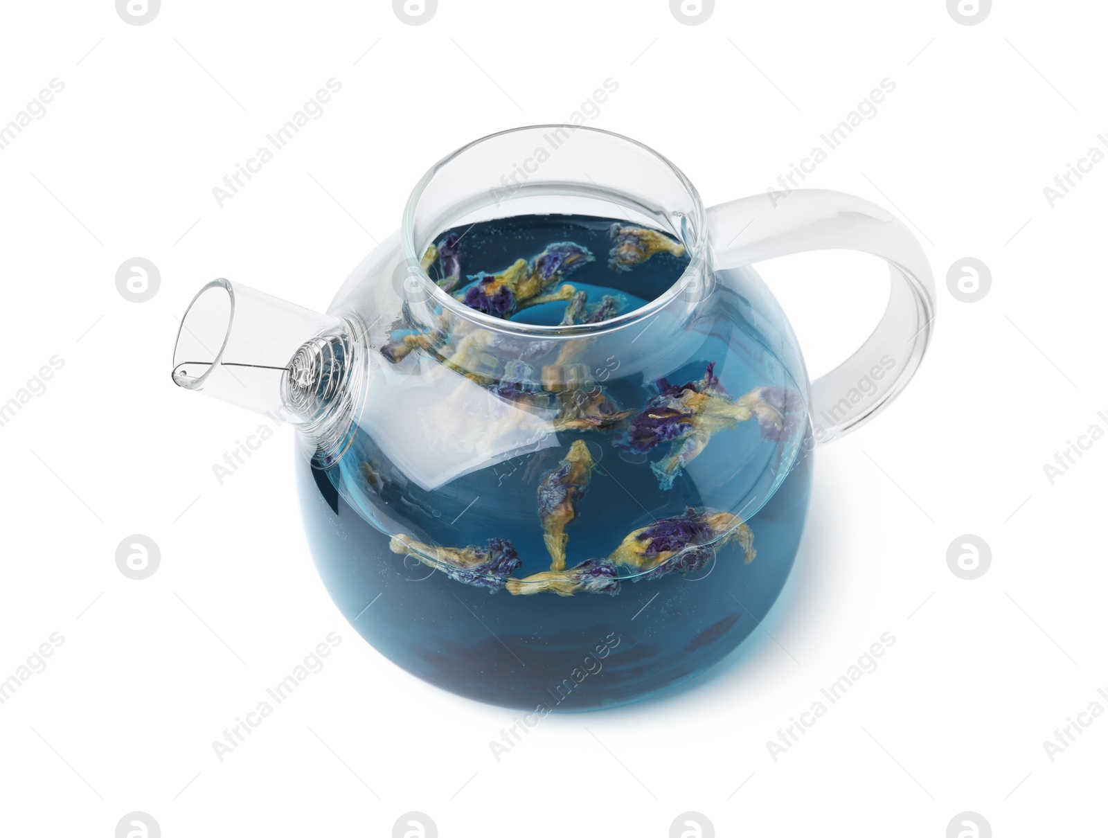 Delicious butterfly pea flower tea isolated on white Photo of Delicious butterfly pea flower tea isolated on white