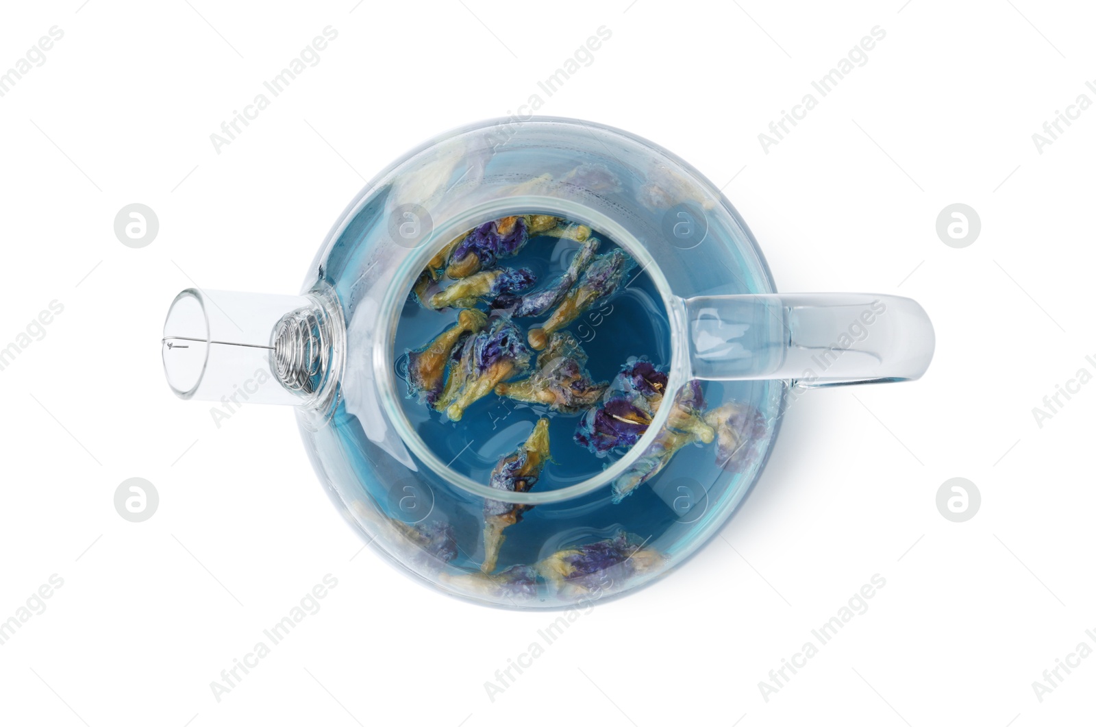 Delicious butterfly pea flower tea isolated on white, top view Photo of Delicious butterfly pea flower tea isolated on white, top view