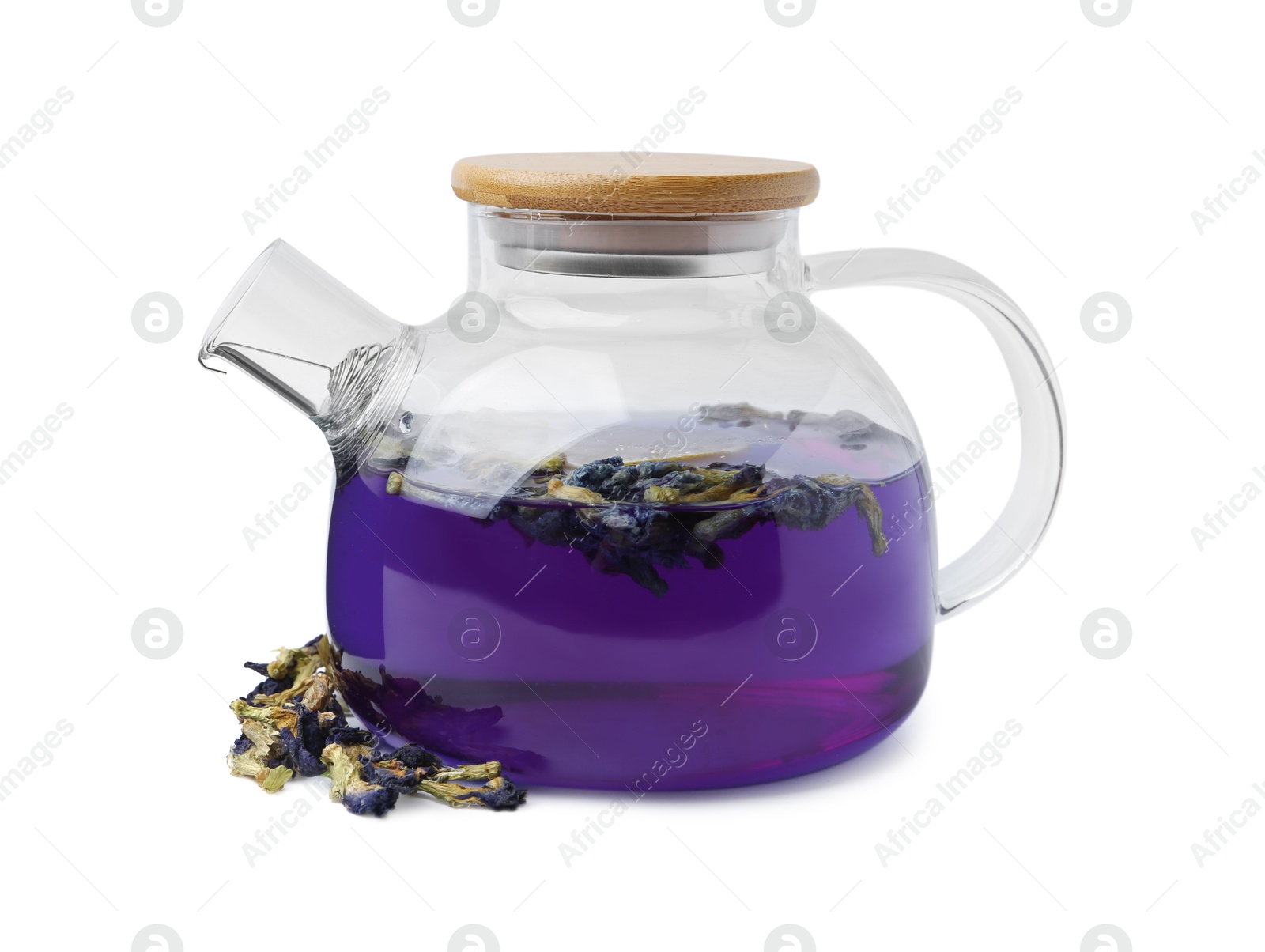 Delicious butterfly pea flower tea isolated on white Photo of Delicious butterfly pea flower tea isolated on white