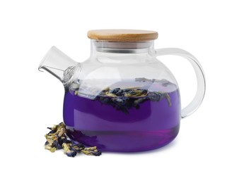 Photo of Delicious butterfly pea flower tea isolated on white