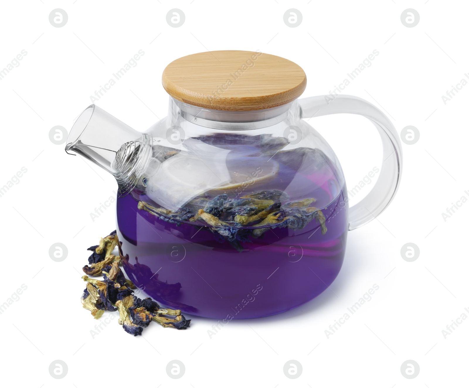 Delicious butterfly pea flower tea with lemon isolated on white Photo of Delicious butterfly pea flower tea with lemon isolated on white
