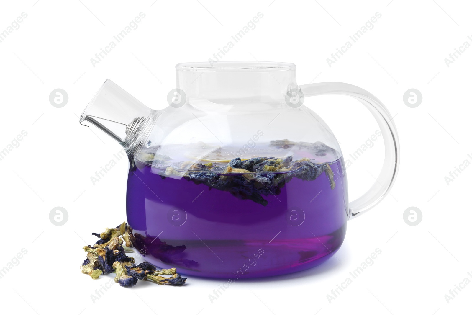 Delicious butterfly pea flower tea with lemon isolated on white Photo of Delicious butterfly pea flower tea with lemon isolated on white