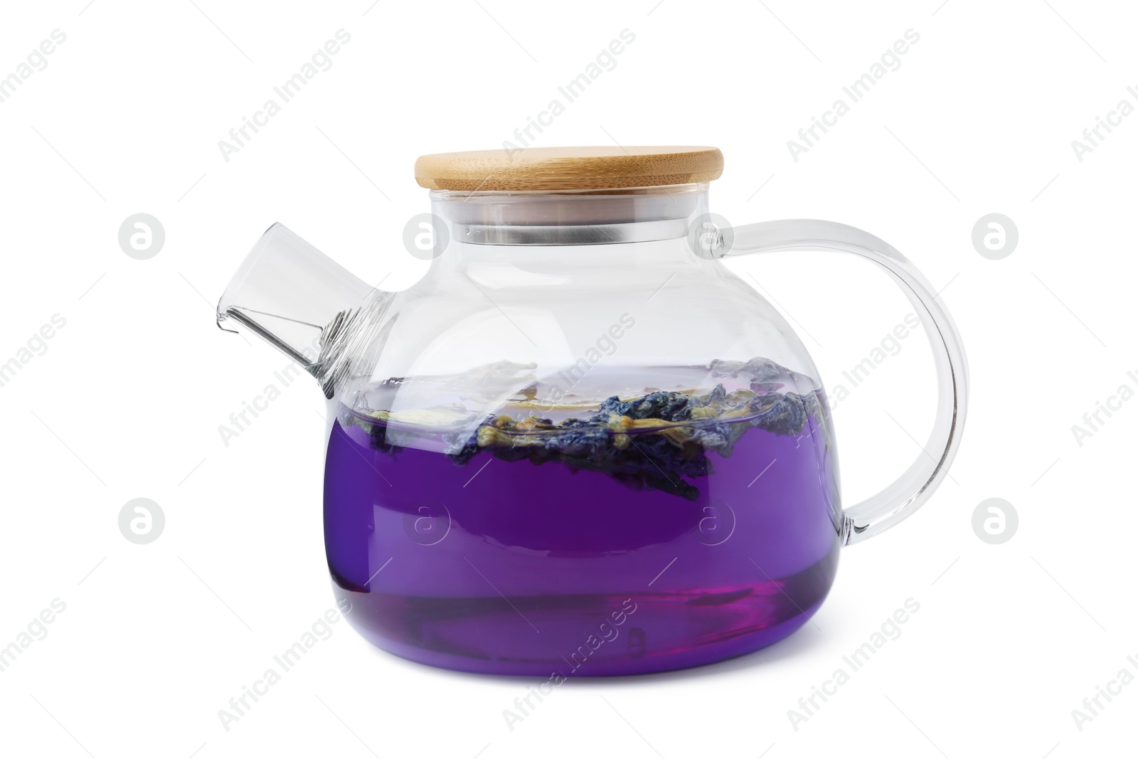 Delicious butterfly pea flower tea isolated on white Photo of Delicious butterfly pea flower tea isolated on white