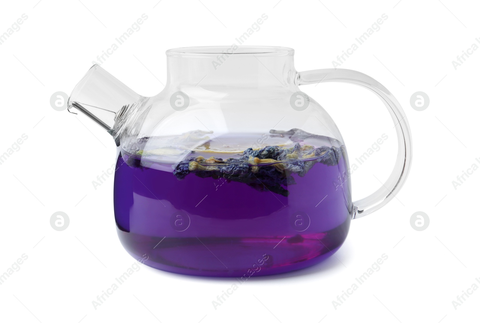 Delicious butterfly pea flower tea isolated on white Photo of Delicious butterfly pea flower tea isolated on white