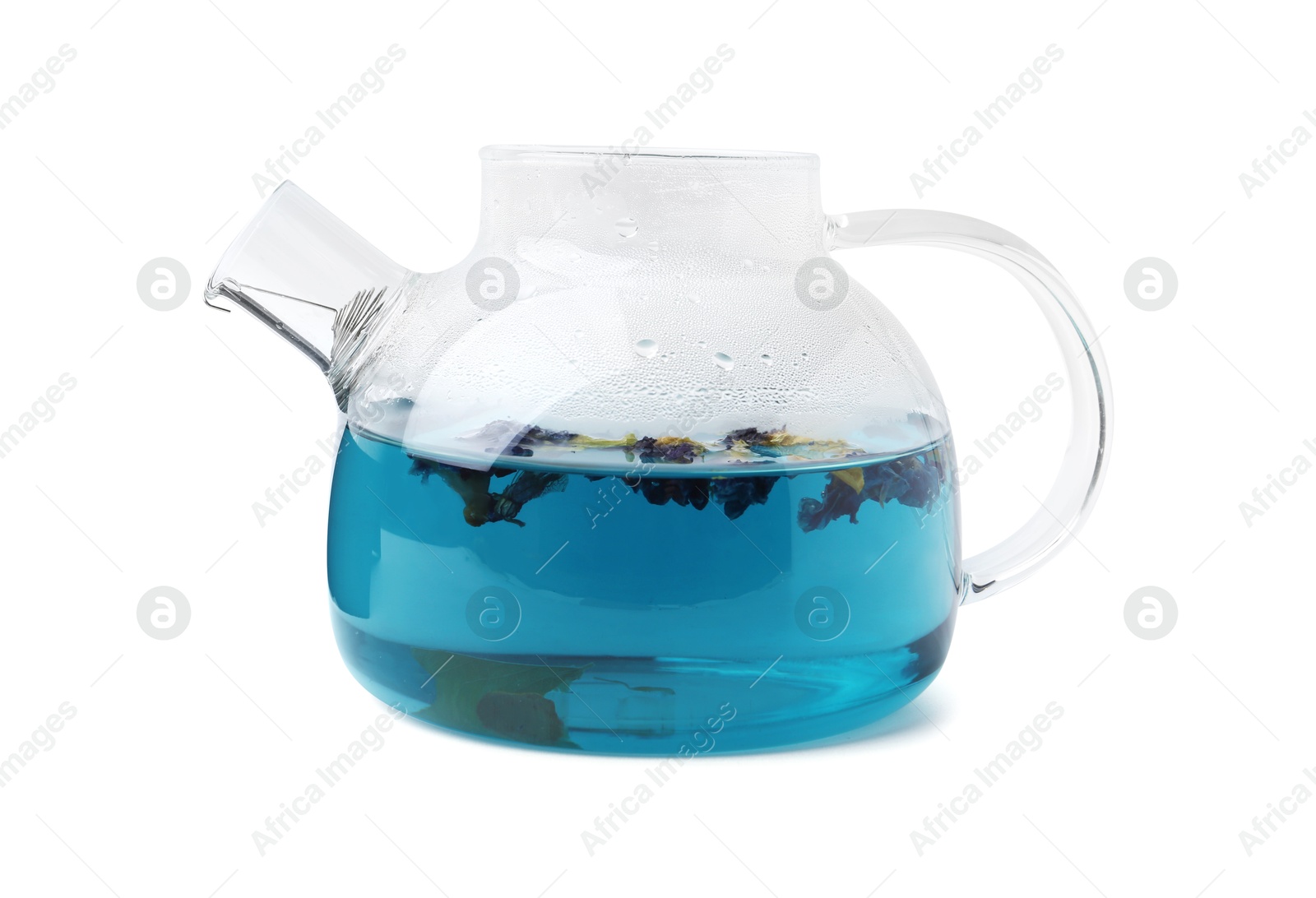 Delicious butterfly pea flower tea isolated on white Photo of Delicious butterfly pea flower tea isolated on white