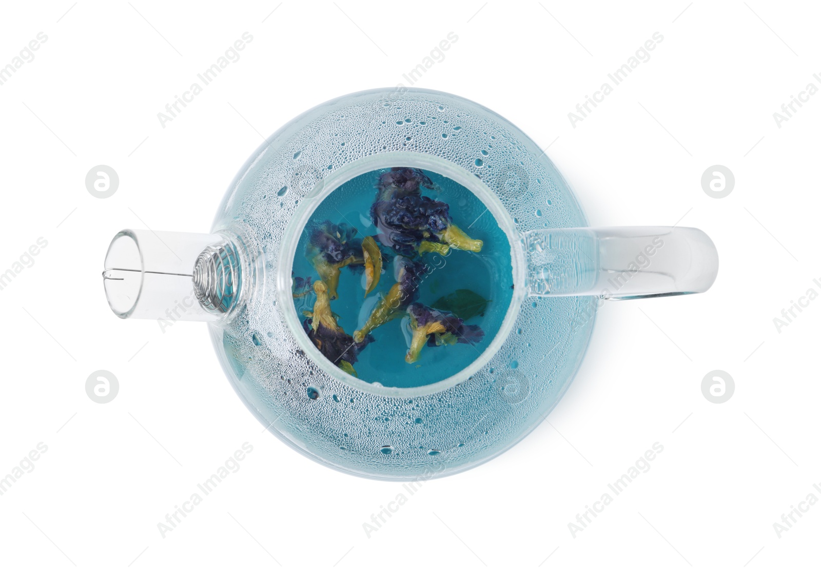 Delicious butterfly pea flower tea isolated on white, top view Photo of Delicious butterfly pea flower tea isolated on white, top view