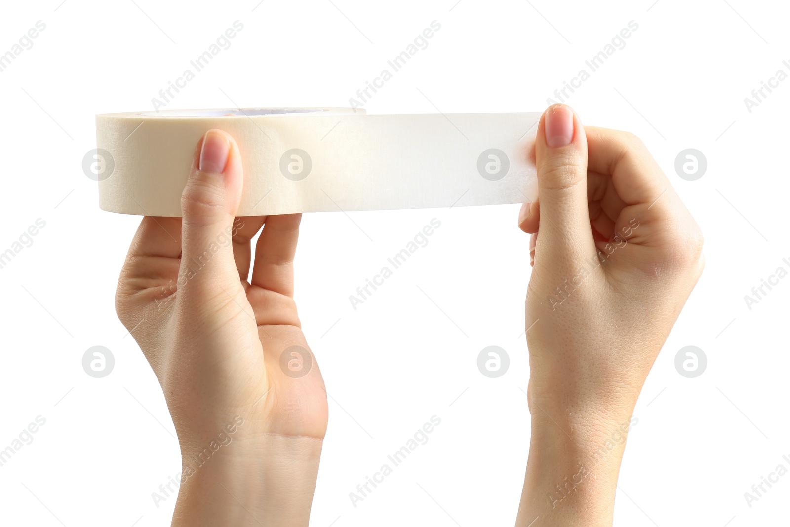 Photo of Woman with roll of masking tape on white background, closeup