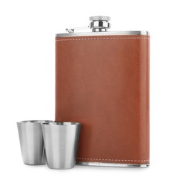 Photo of Hip flask and cups isolated on white