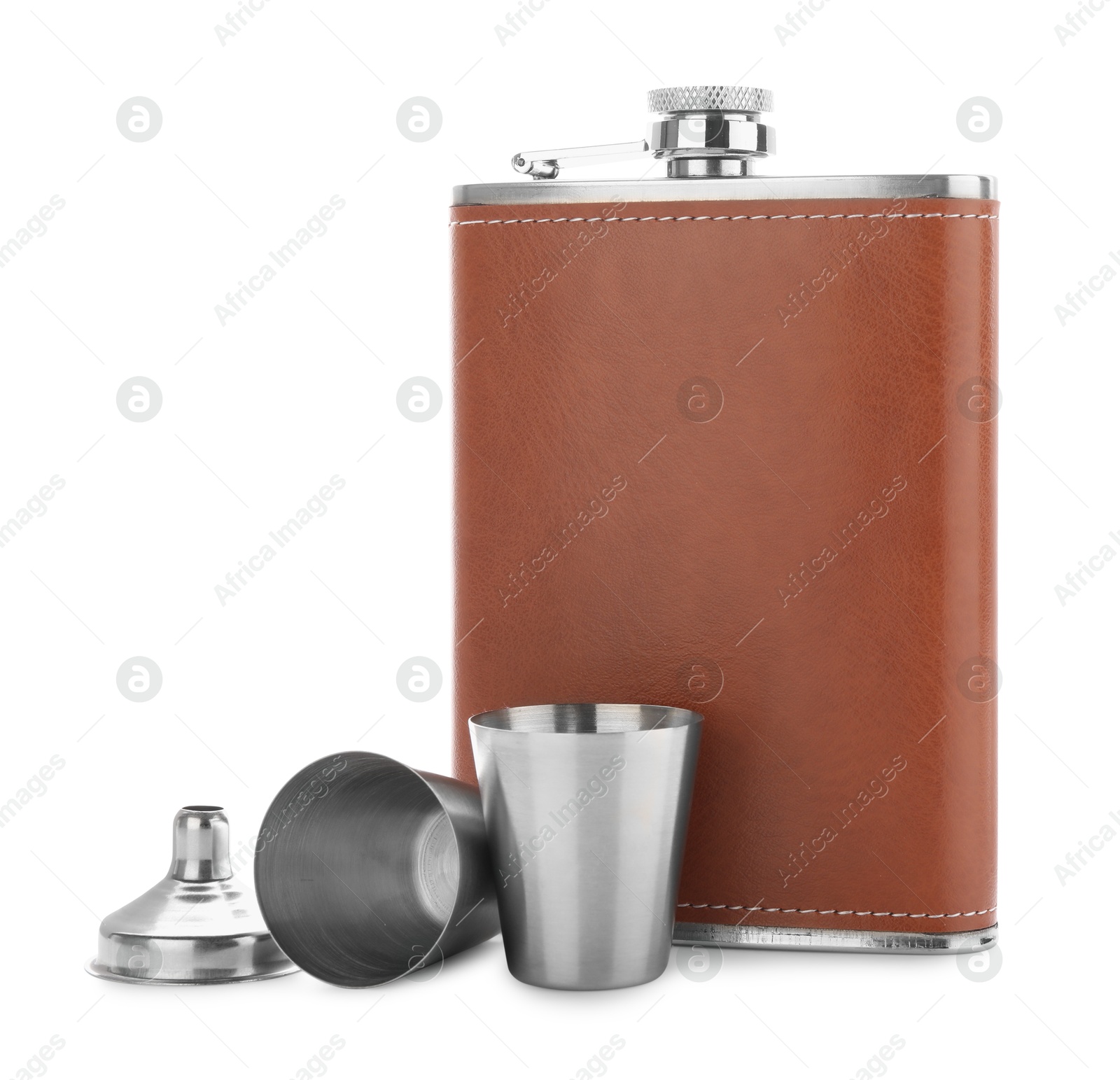 Photo of Hip flask, cups and funnel isolated on white