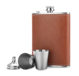 Photo of Hip flask, cups and funnel isolated on white