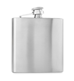 Photo of One metal hip flask isolated on white