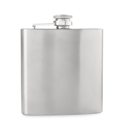 Photo of One metal hip flask isolated on white