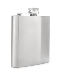 Photo of One metal hip flask isolated on white