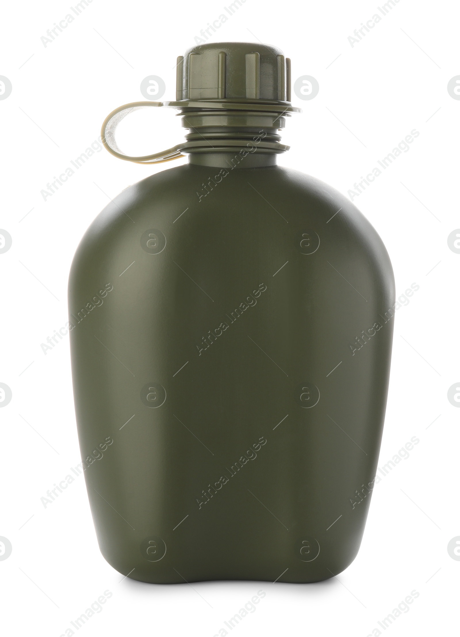 Photo of One green plastic canteen isolated on white