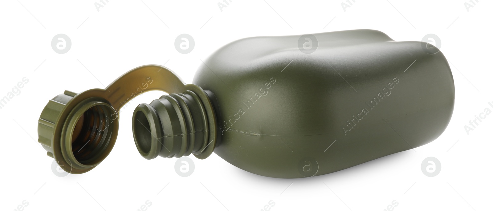 Photo of One green plastic canteen isolated on white