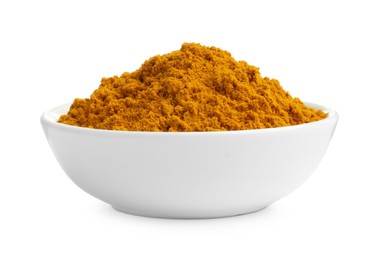 Photo of Turmeric powder in bowl isolated on white