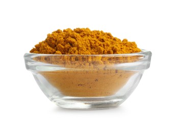 Photo of Turmeric powder in bowl isolated on white