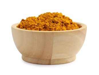 Photo of Turmeric powder in bowl isolated on white