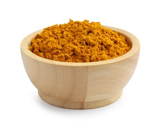 Photo of Turmeric powder in bowl isolated on white