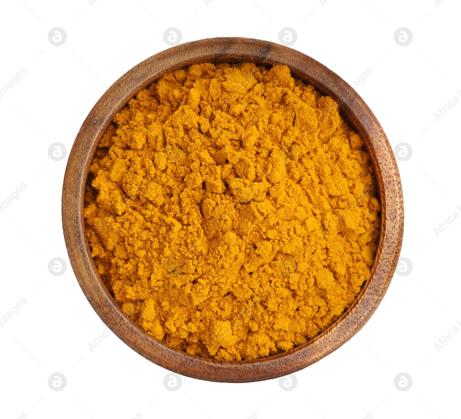 Photo of Turmeric powder in bowl isolated on white, top view