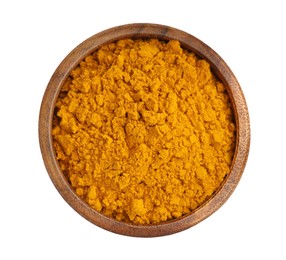 Photo of Turmeric powder in bowl isolated on white, top view