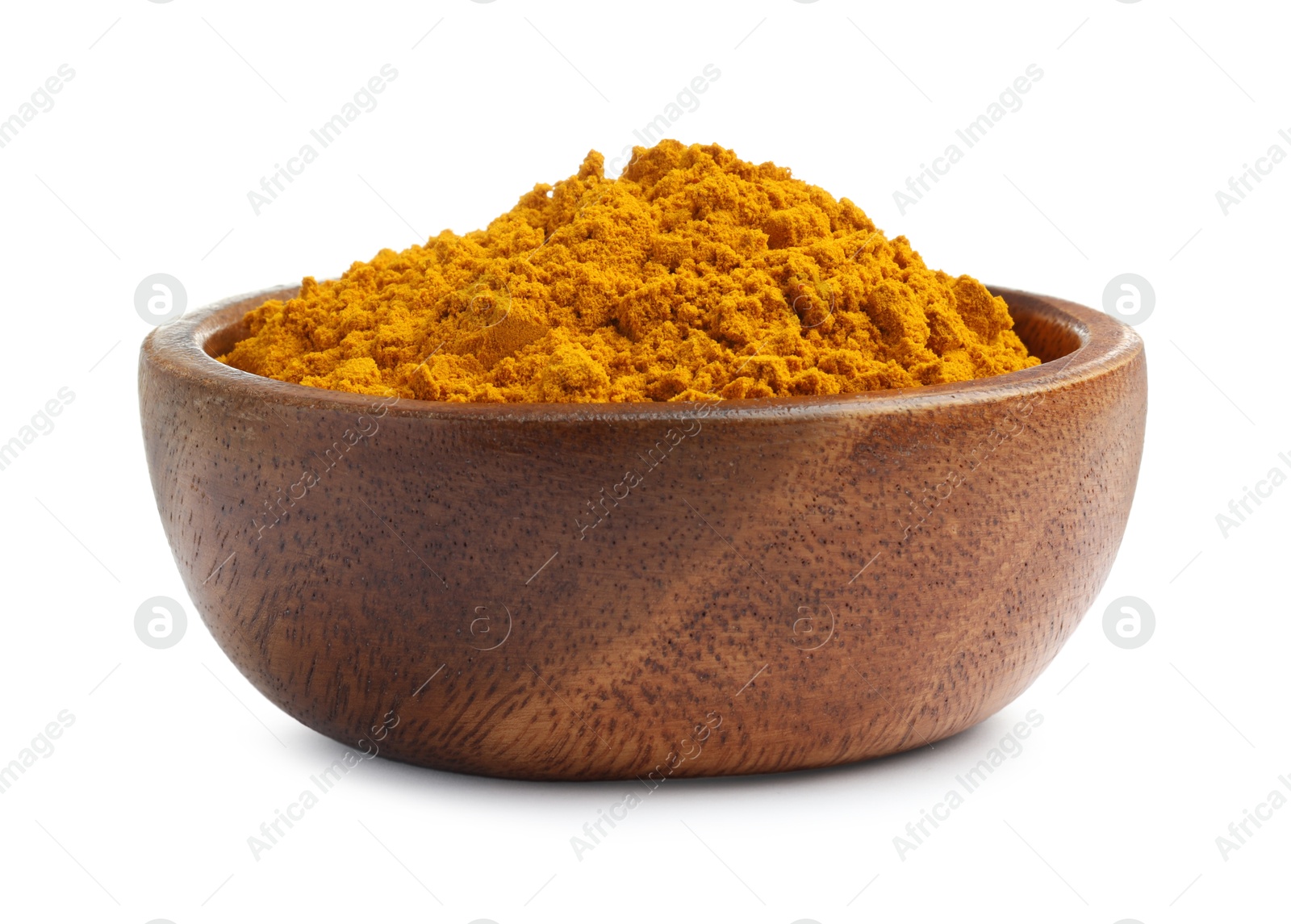 Photo of Turmeric powder in bowl isolated on white