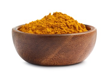 Photo of Turmeric powder in bowl isolated on white