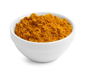 Photo of Turmeric powder in bowl isolated on white