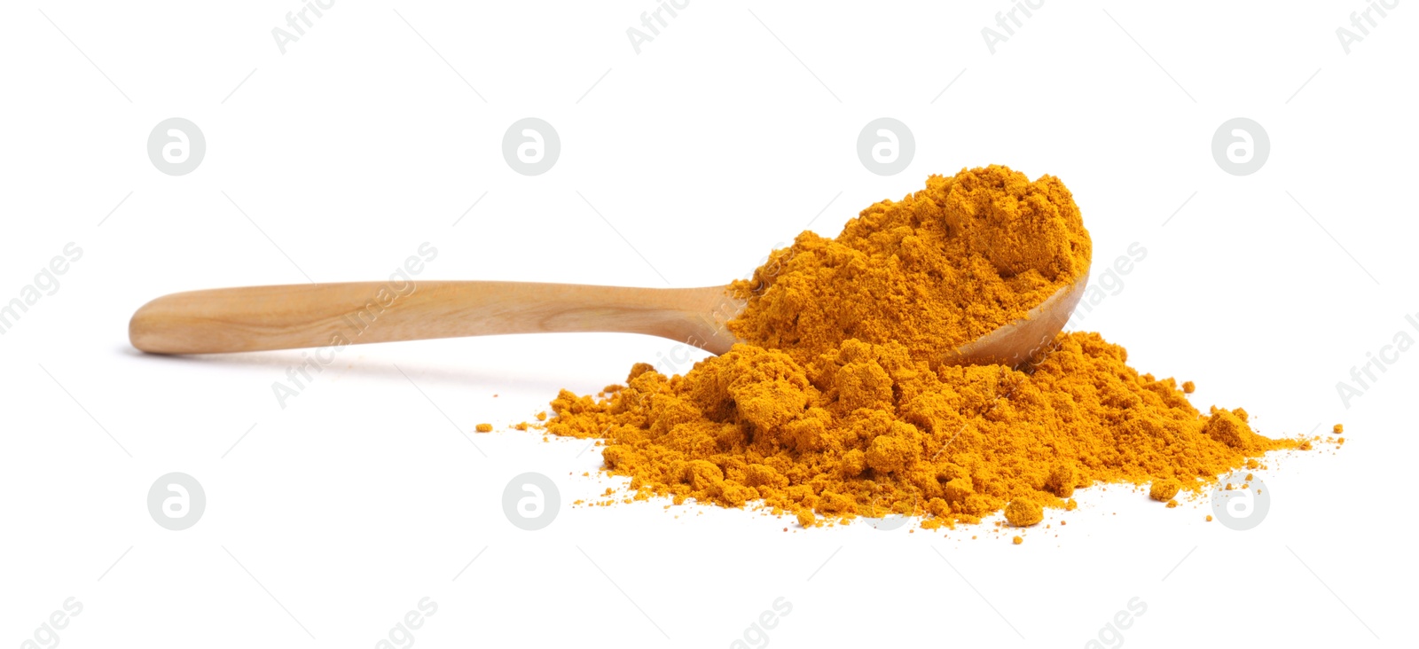 Photo of Turmeric powder and spoon isolated on white