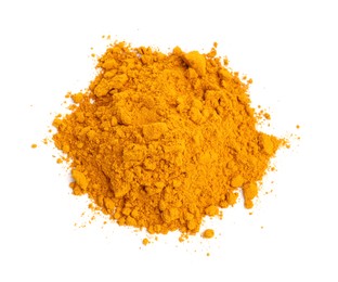 Photo of Heap of turmeric powder isolated on white, top view