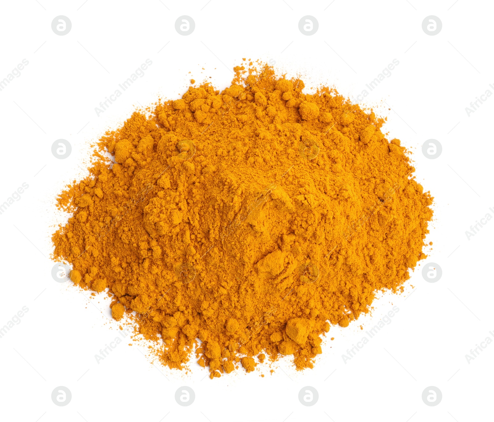 Photo of Heap of turmeric powder isolated on white, top view