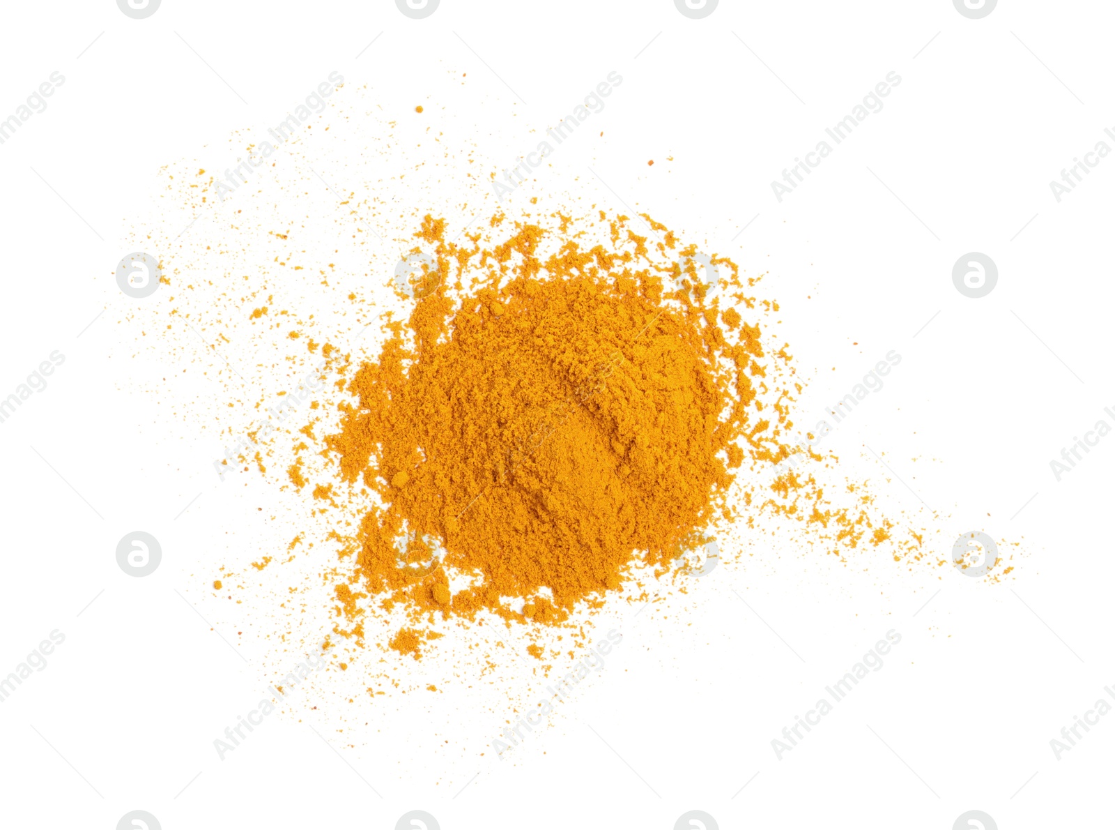 Photo of Heap of turmeric powder isolated on white, top view