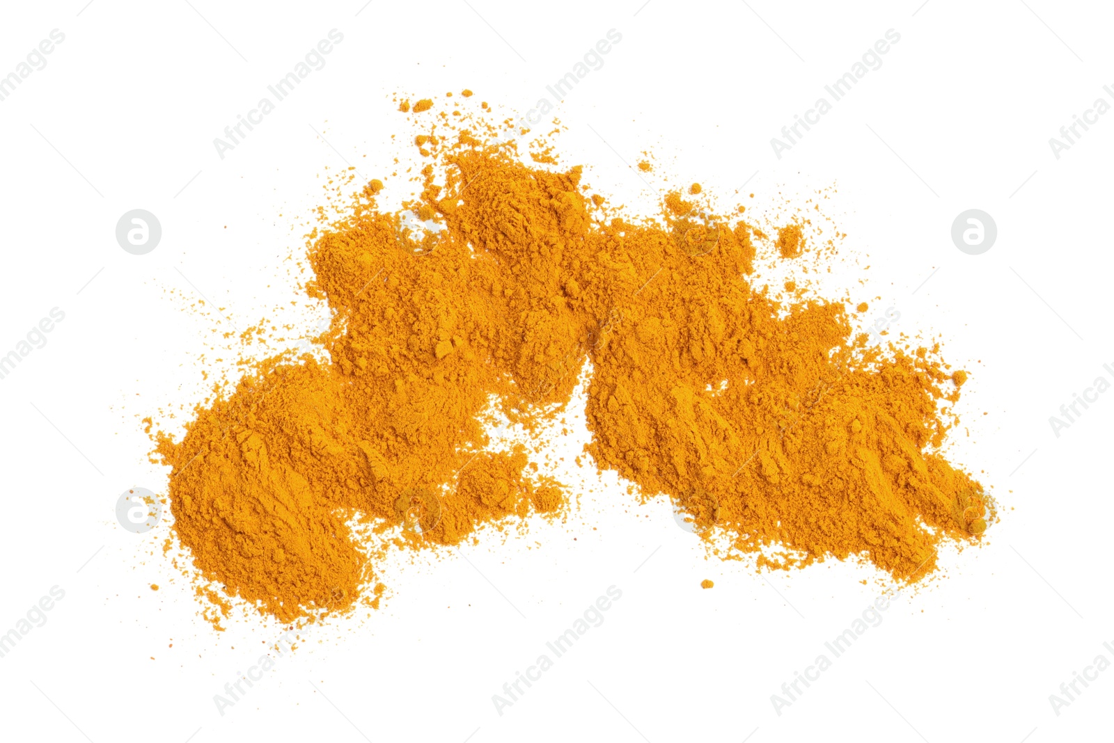 Photo of Heap of turmeric powder isolated on white, top view