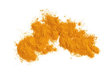 Photo of Heap of turmeric powder isolated on white, top view