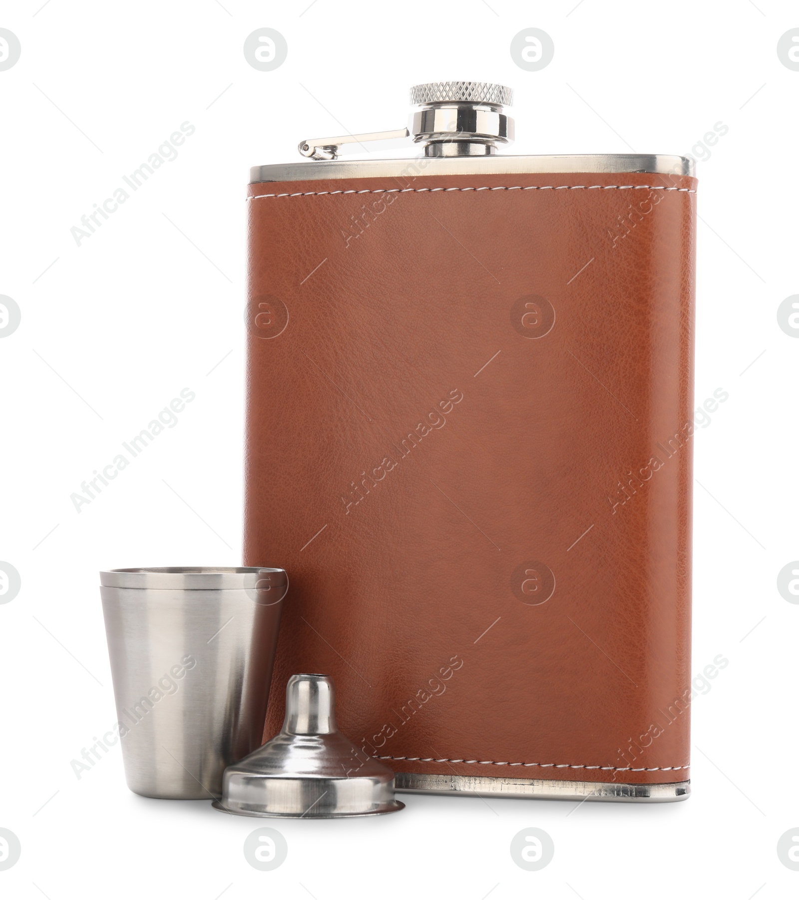 Photo of Hip flask, cup and funnel isolated on white