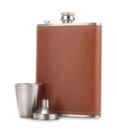 Photo of Hip flask, cup and funnel isolated on white