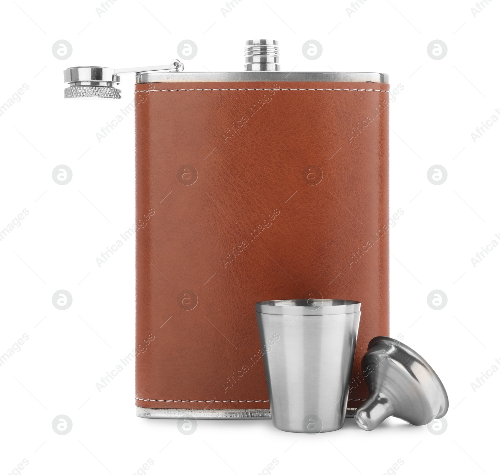 Photo of Hip flask, cup and funnel isolated on white