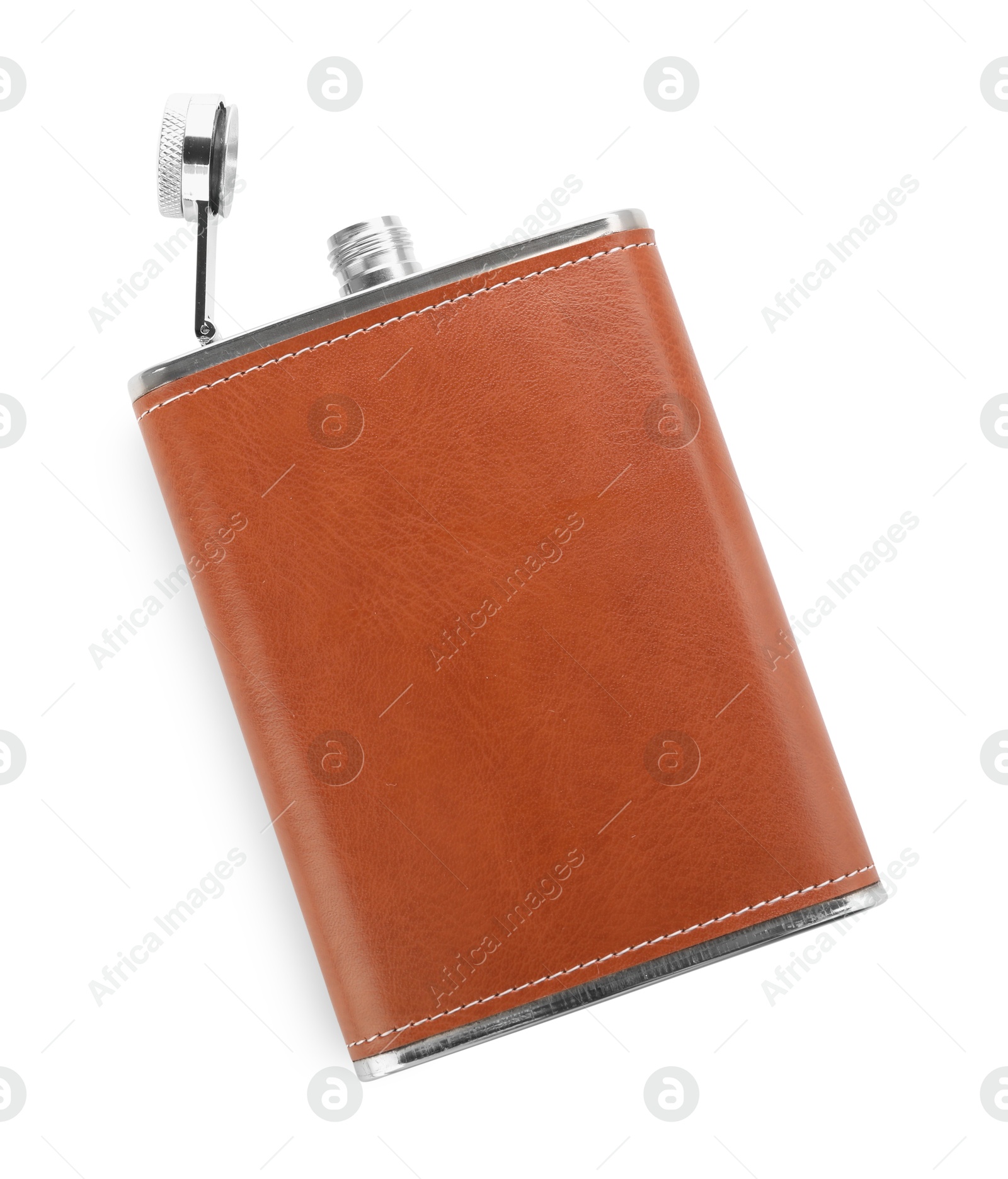 Photo of One hip flask isolated on white, top view