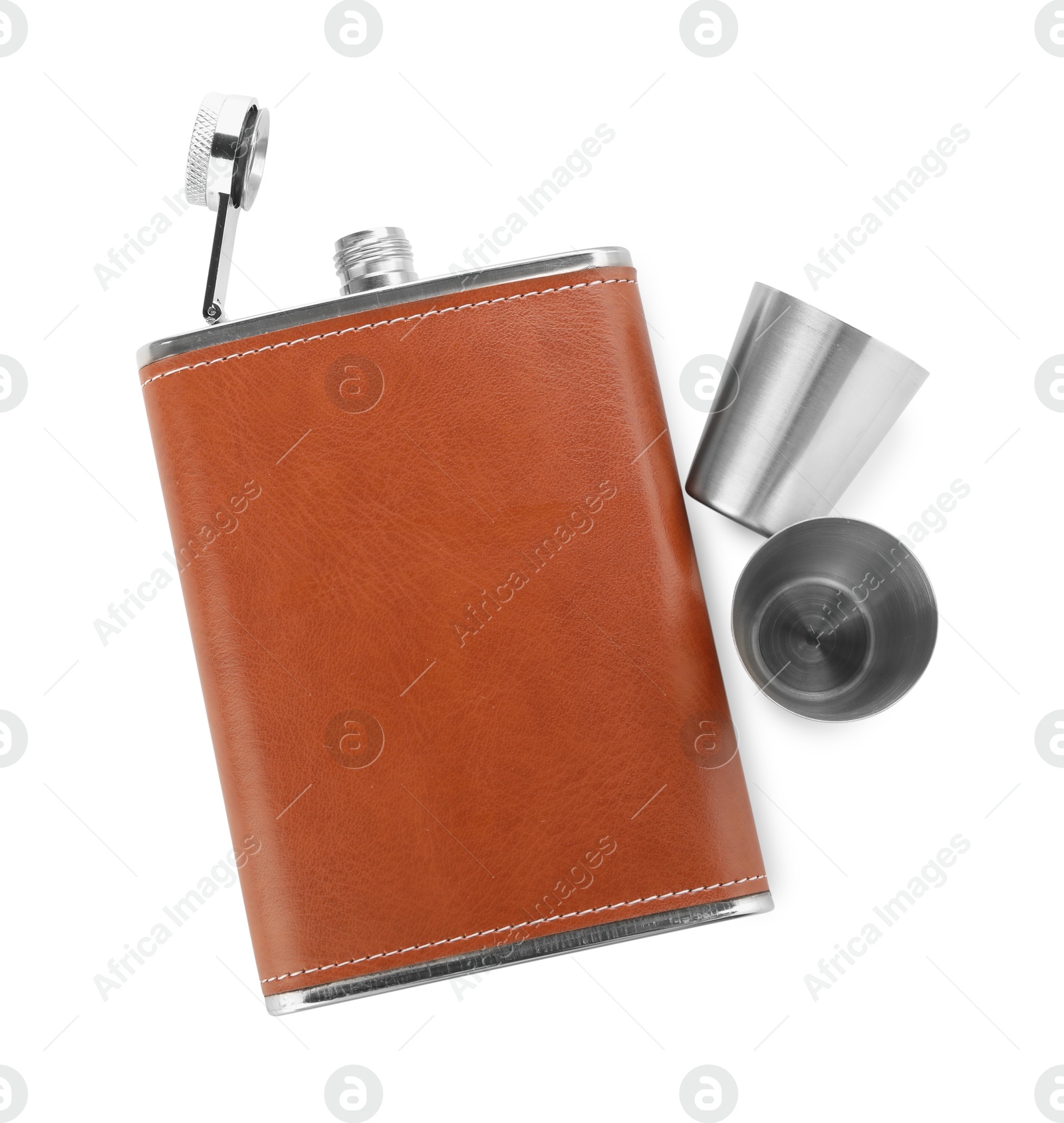 Photo of Hip flask and cups isolated on white, top view