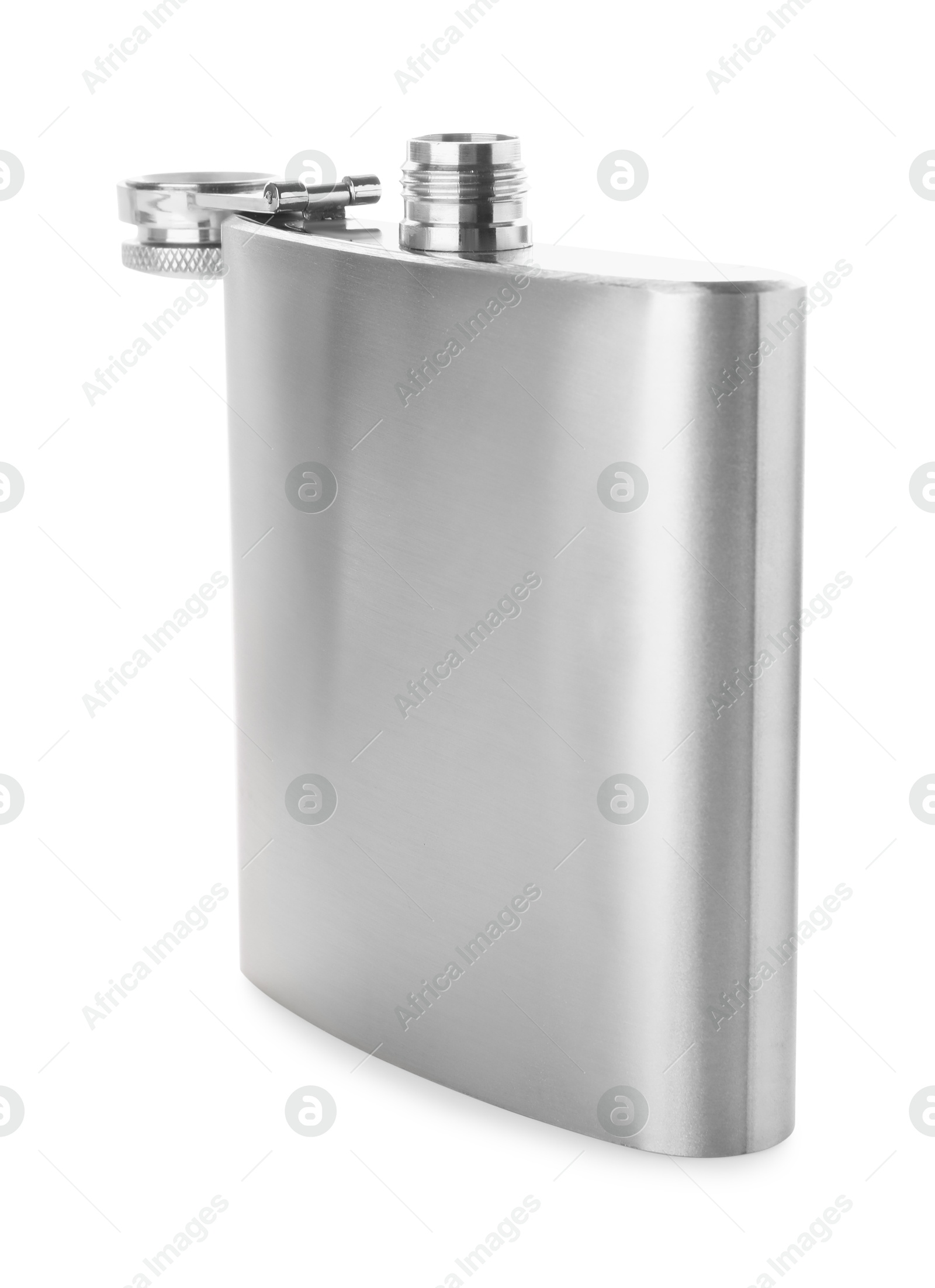 Photo of One metal hip flask isolated on white