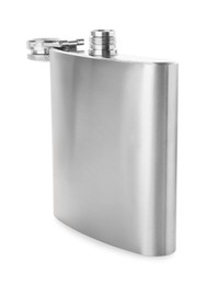 Photo of One metal hip flask isolated on white