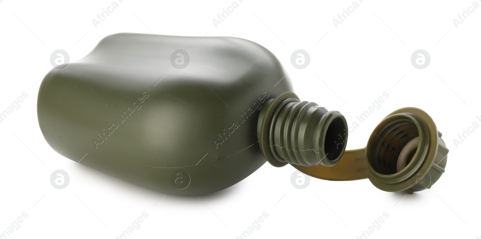 Photo of One green plastic canteen isolated on white