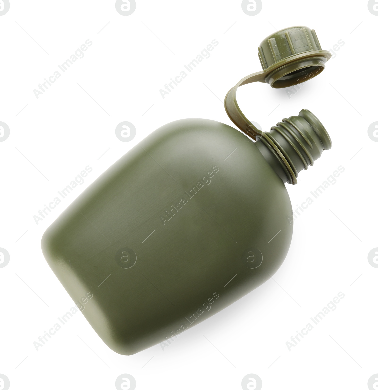 Photo of Green plastic canteen isolated on white, top view