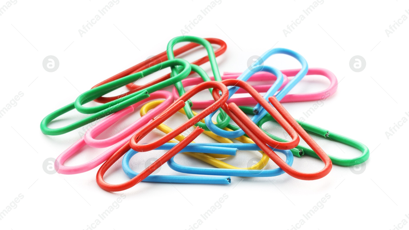 Photo of Pile of colorful paper clips isolated on white