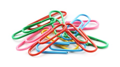 Pile of colorful paper clips isolated on white