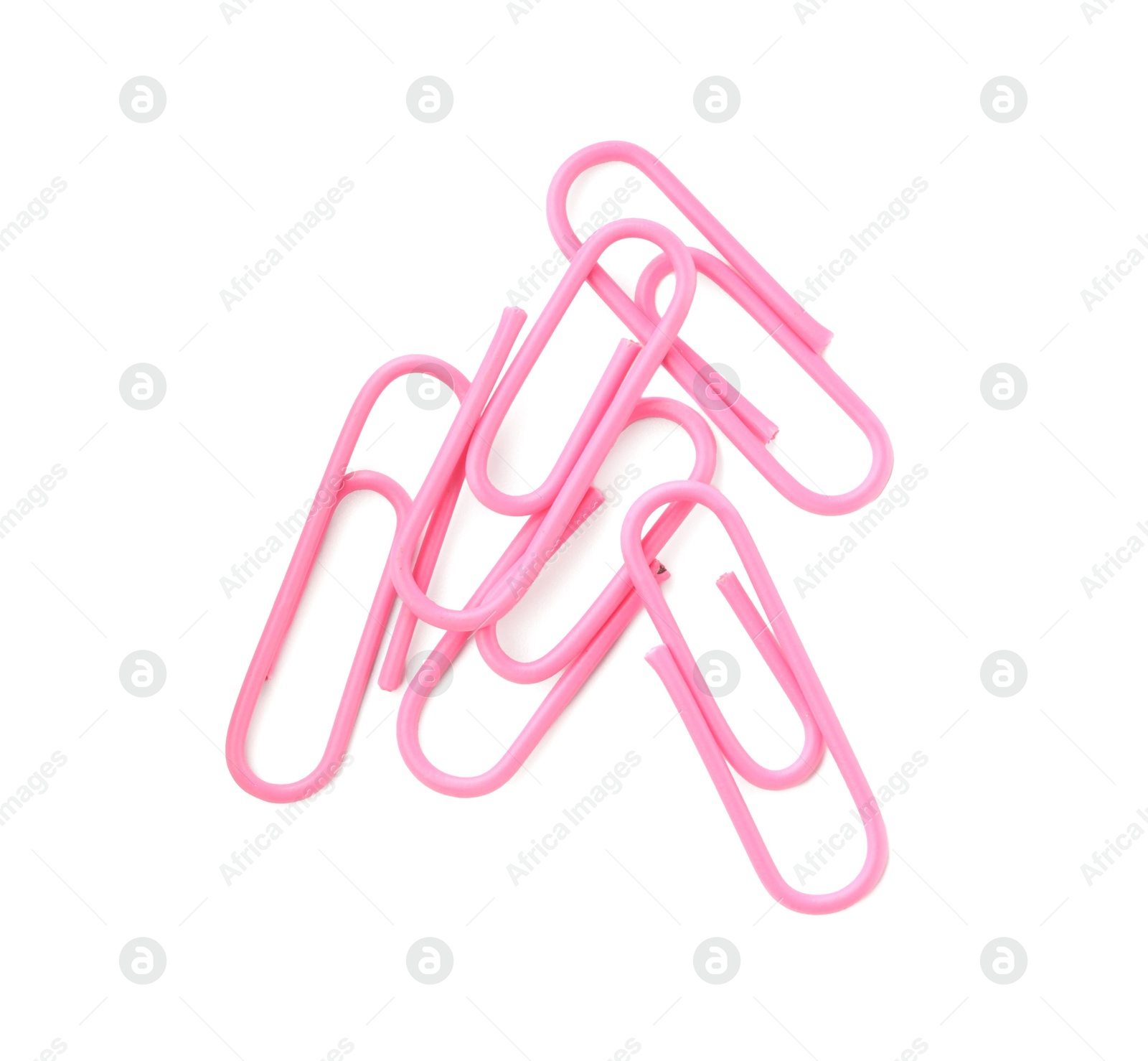 Photo of Pink paper clips isolated on white, top view