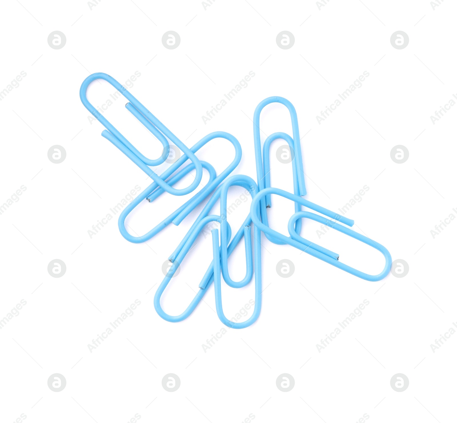 Photo of Bright paper clips isolated on white, top view