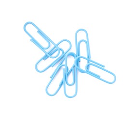 Photo of Bright paper clips isolated on white, top view