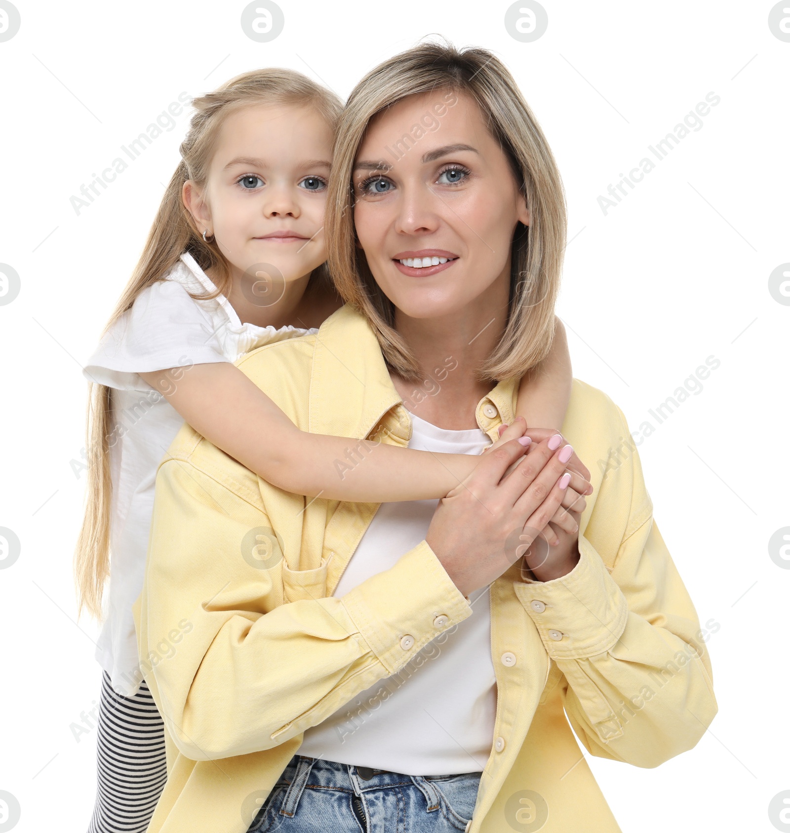 Photo of Happy mother and her cute little daughter on white background